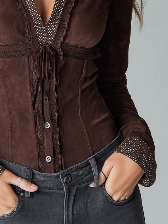 Romantic Chocolate Brown Lace Trim Tie-Front Top
