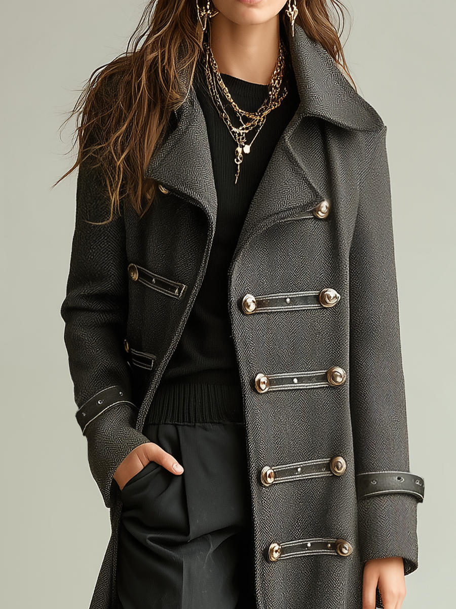 Refined Charcoal Military Detail Long Coat