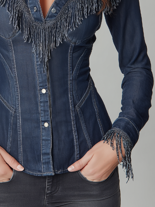 Vintage Indigo Fringe Trim Denim Shirt