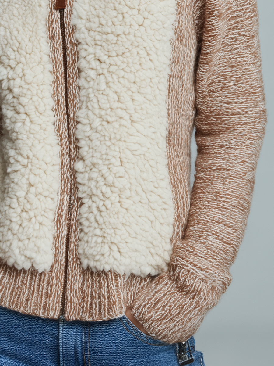 Cozy Camel Colorblock Sherpa Knit Jacket