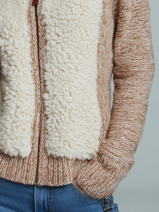 Cozy Camel Colorblock Sherpa Knit Jacket
