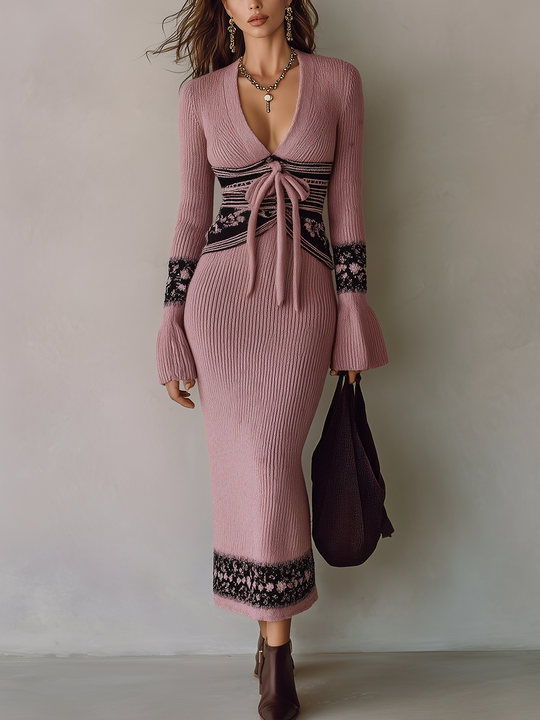 Romantic Dusty Rose Tie-Front Knit Midi Dress