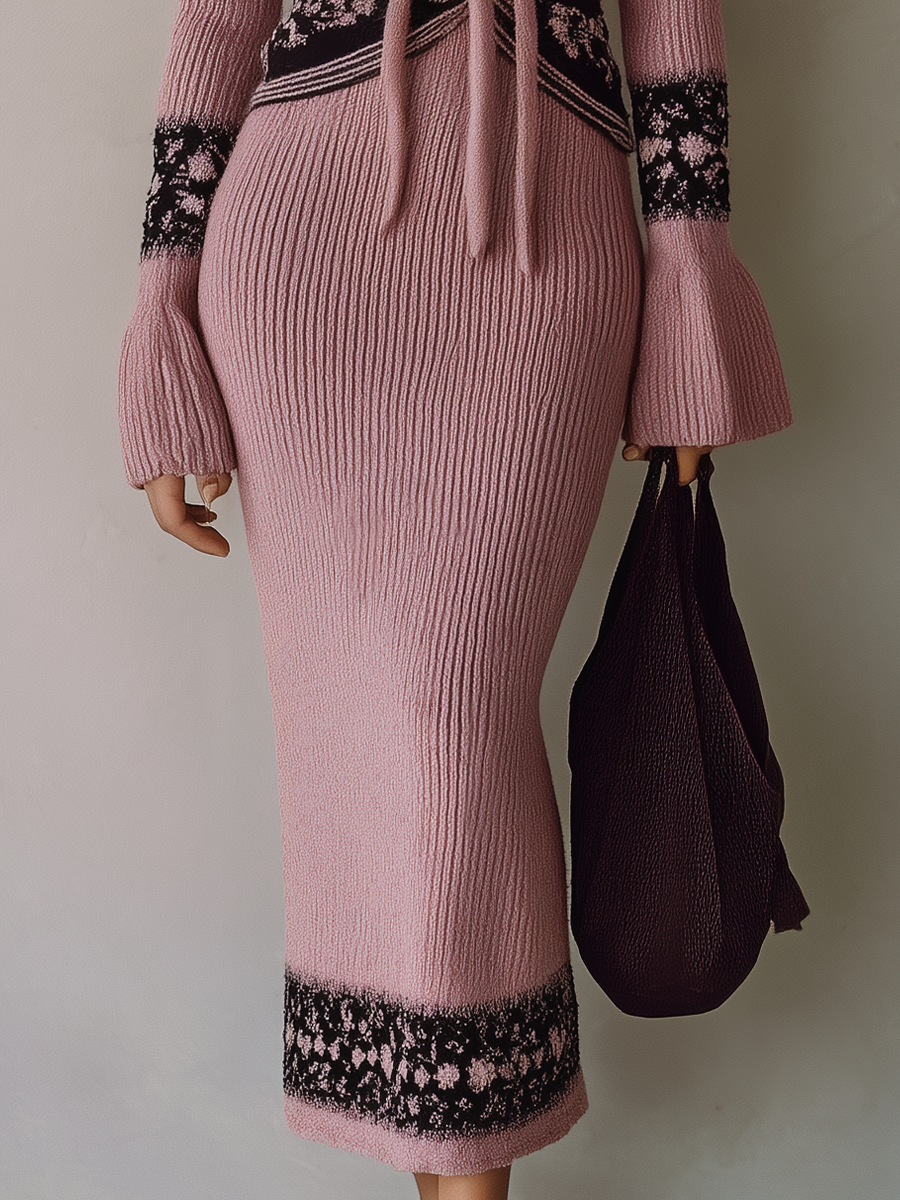 Romantic Dusty Rose Tie-Front Knit Midi Dress