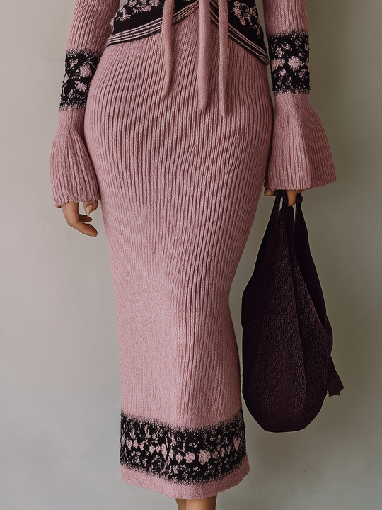 Romantic Dusty Rose Tie-Front Knit Midi Dress