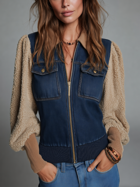 Casual Indigo Denim Sherpa Sleeve Jacket