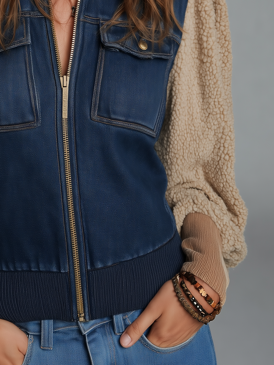 Casual Indigo Denim Sherpa Sleeve Jacket