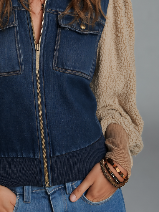 Casual Indigo Denim Sherpa Sleeve Jacket