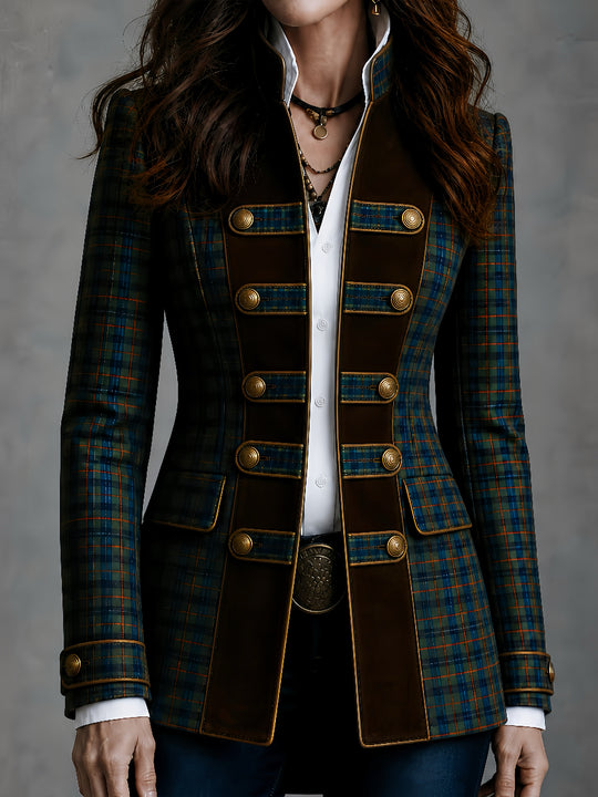 Vintage Stand Collar Scottish Tartan Blazer With Contrast Suede Trim