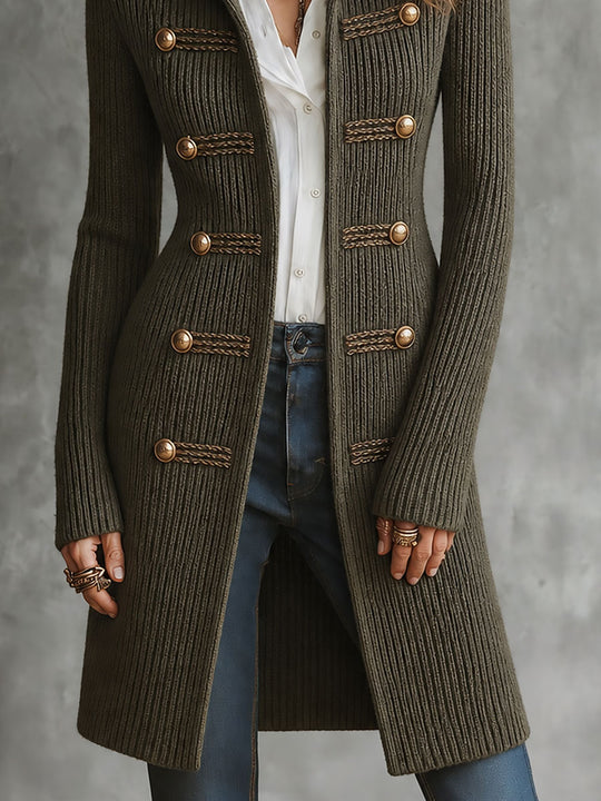 Military Style Ribbed Knit Longline Cardigan With Braided Button Trim