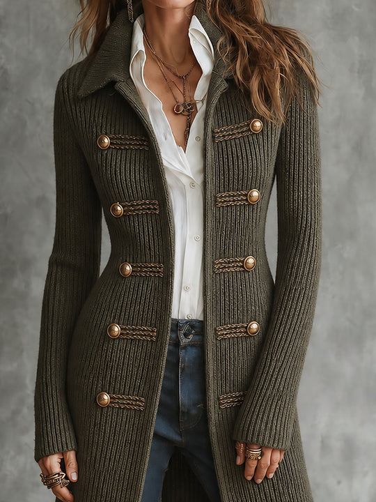 Military Style Ribbed Knit Longline Cardigan With Braided Button Trim