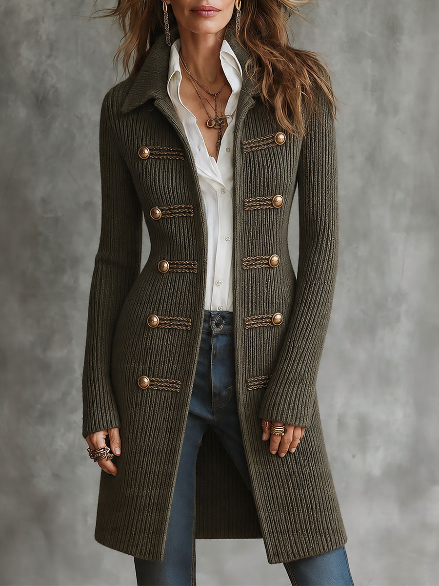 Military Style Ribbed Knit Longline Cardigan With Braided Button Trim