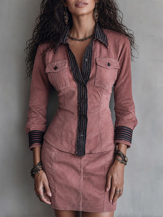 Retro Flap-pocket Striped-trim Blouse & Corduroy Mini Skirt Set