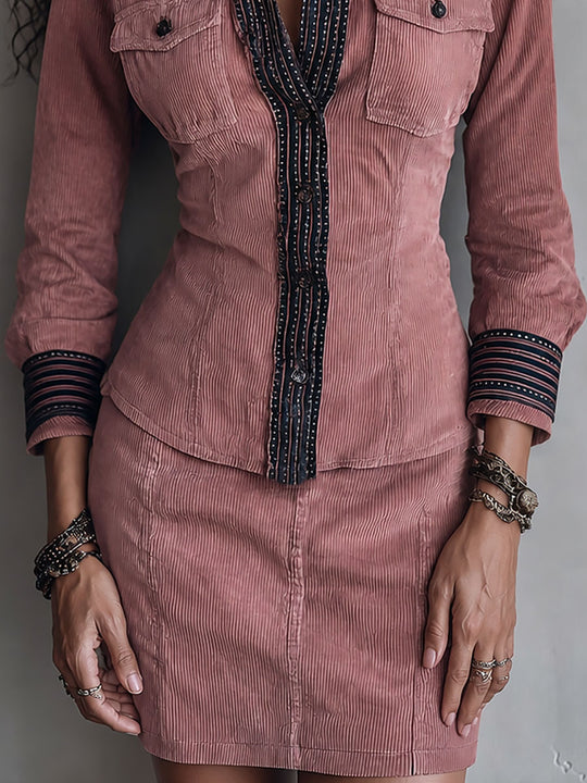 Retro Flap-pocket Striped-trim Blouse & Corduroy Mini Skirt Set