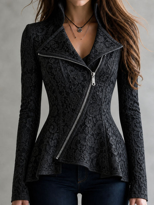Retro Elegant Diagonal Zipper Lace Biker Jacket