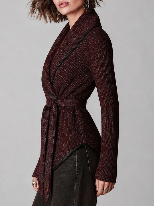 Boho Wrap Front Belted Knit Cardigan With Faux Leather Trim