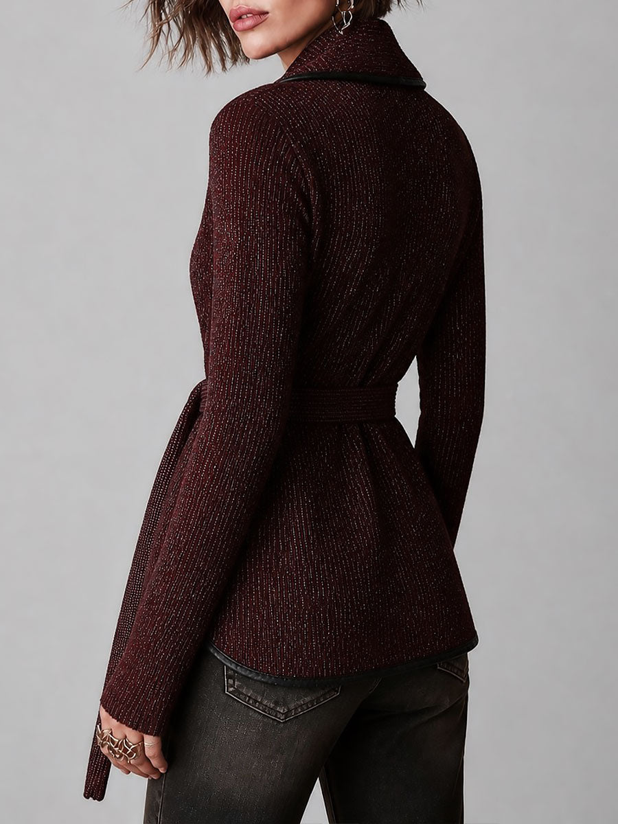 Boho Wrap Front Belted Knit Cardigan With Faux Leather Trim