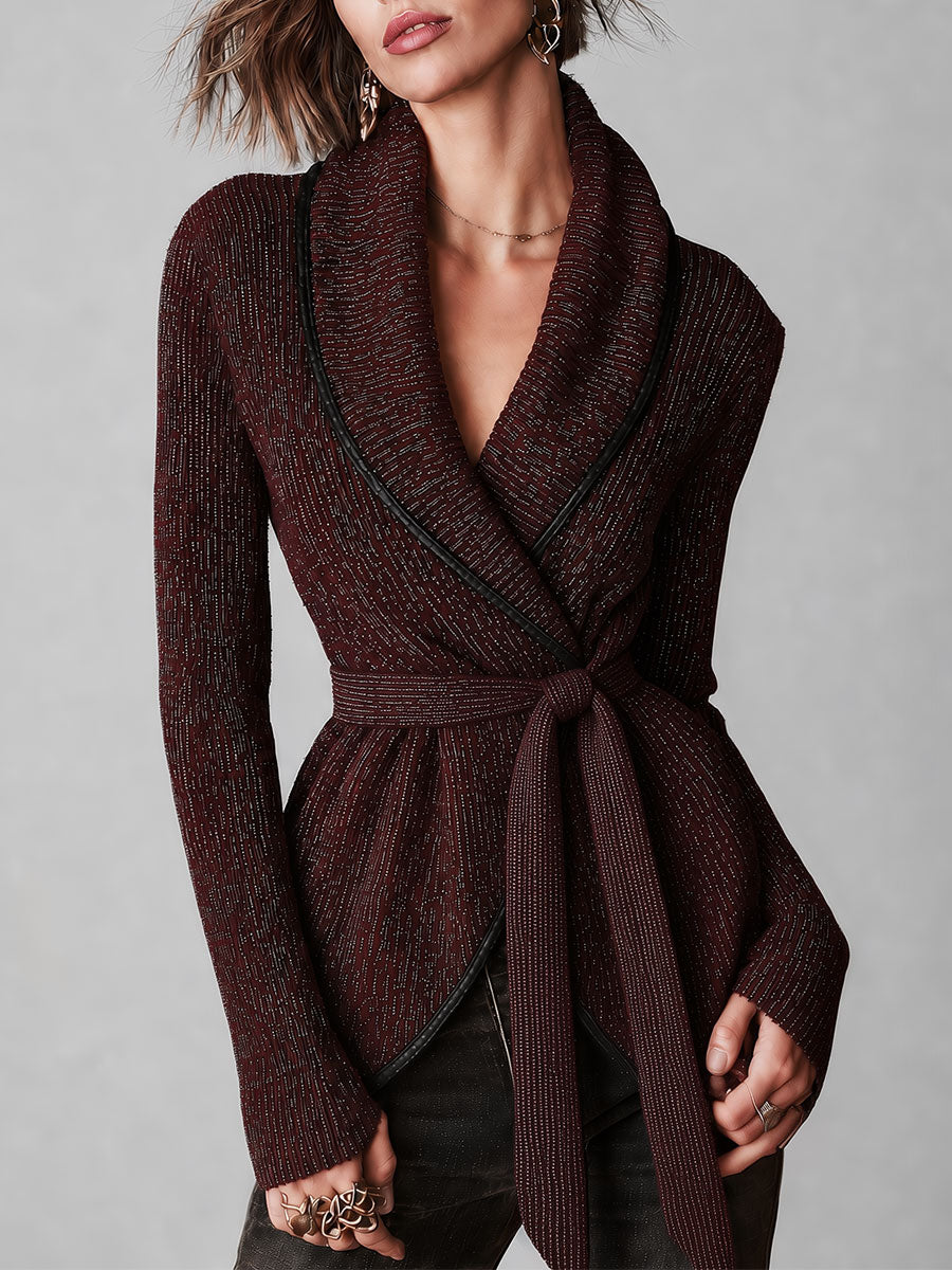 Boho Wrap Front Belted Knit Cardigan With Faux Leather Trim