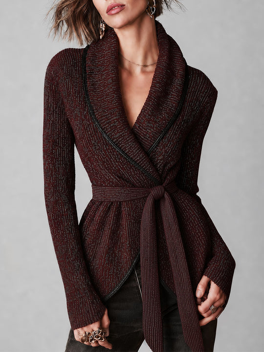 Boho Wrap Front Belted Knit Cardigan With Faux Leather Trim
