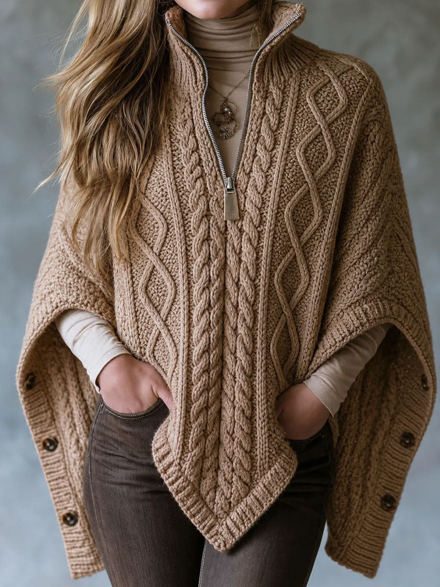 Quiet Luxury Stand Collar Half Zip Cable Knit Poncho Shawl