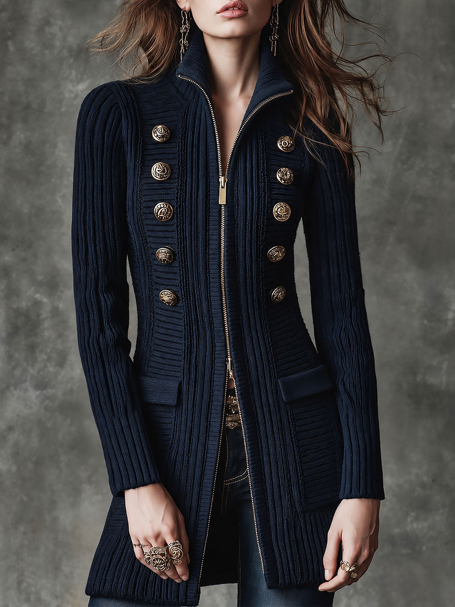 Retro Navy Ribbed Knit Military Cardigan With Gold Buttons