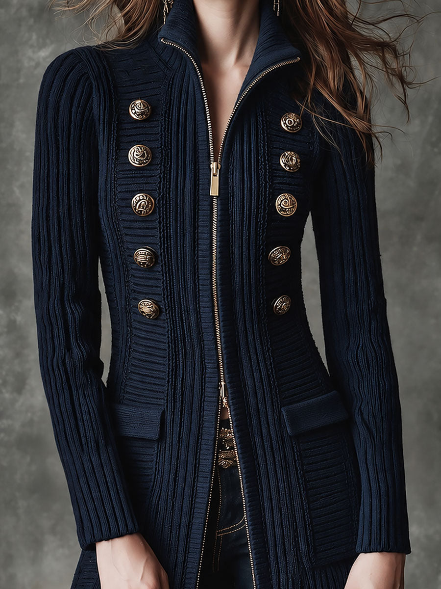 Retro Navy Ribbed Knit Military Cardigan With Gold Buttons