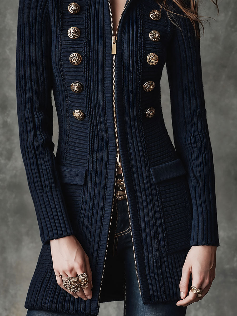 Retro Navy Ribbed Knit Military Cardigan With Gold Buttons