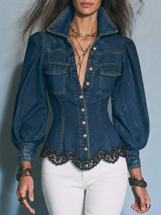 Vintage Boho Denim Lace Trim Puff Sleeve Button Down Blouse
