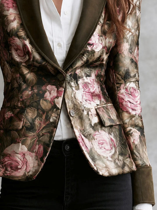 Vintage Victorian Rose Floral Olive Suede Lapel Blazer