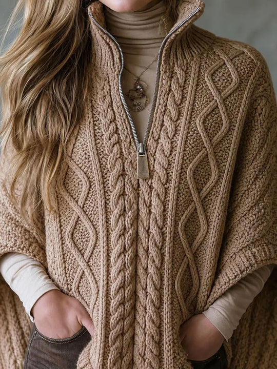 Quiet Luxury Stand Collar Half Zip Cable Knit Poncho Shawl