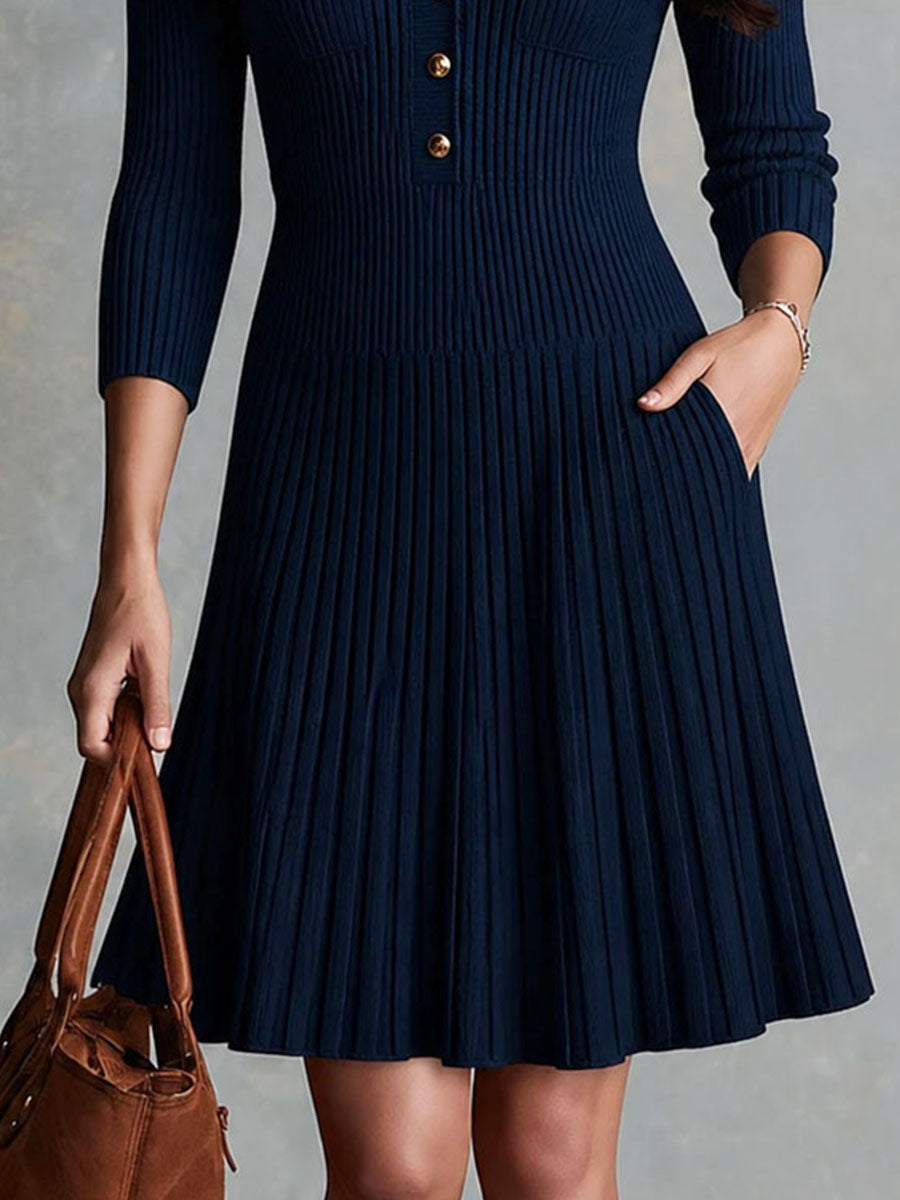 Quiet Luxury Half‑Button Rib Knit Polo Midi Dress With Pocket