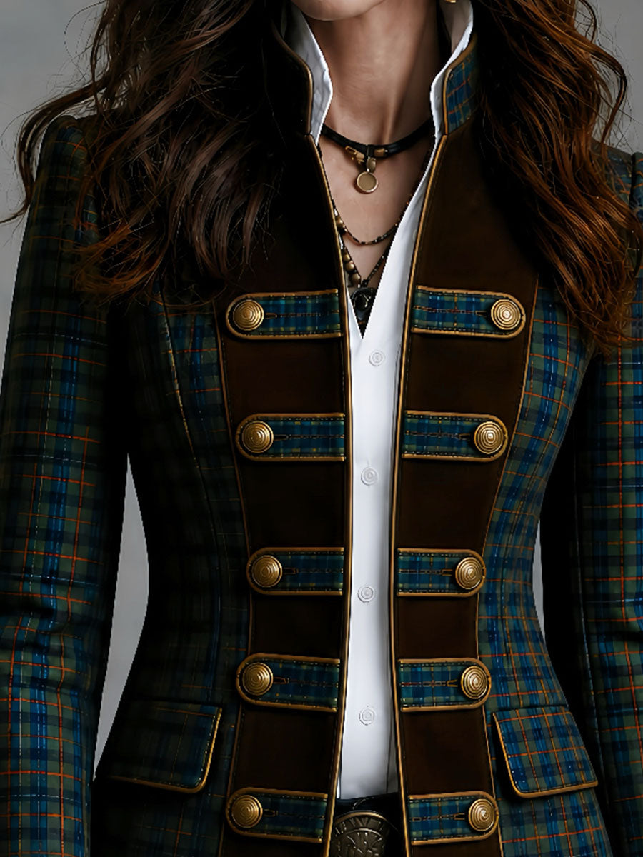 Vintage Stand Collar Scottish Tartan Blazer With Contrast Suede Trim