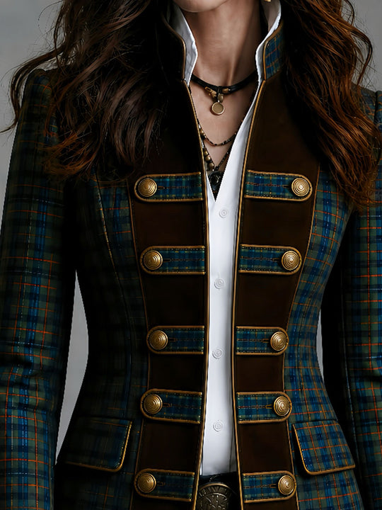 Vintage Stand Collar Scottish Tartan Blazer With Contrast Suede Trim