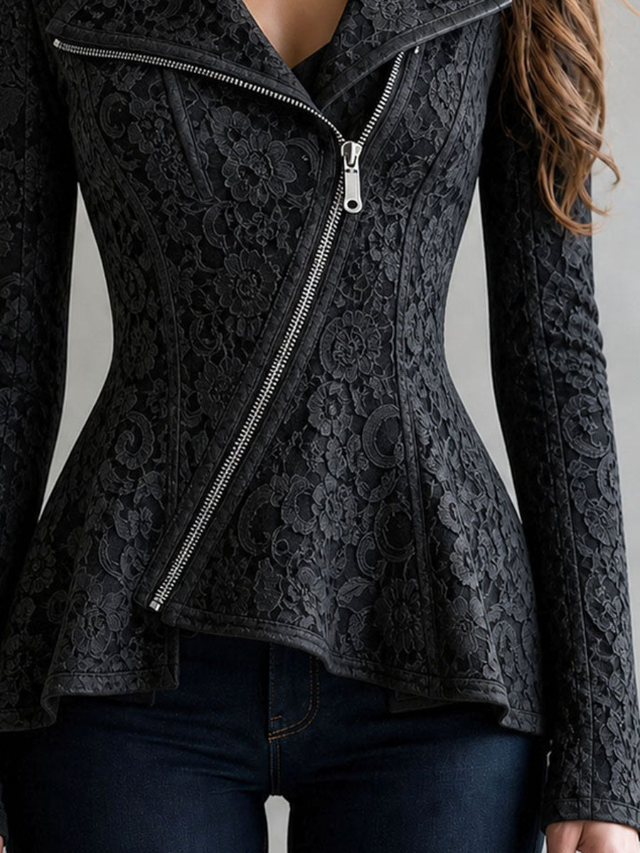 Retro Elegant Diagonal Zipper Lace Biker Jacket