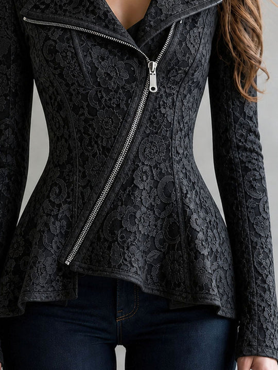 Retro Elegant Diagonal Zipper Lace Biker Jacket