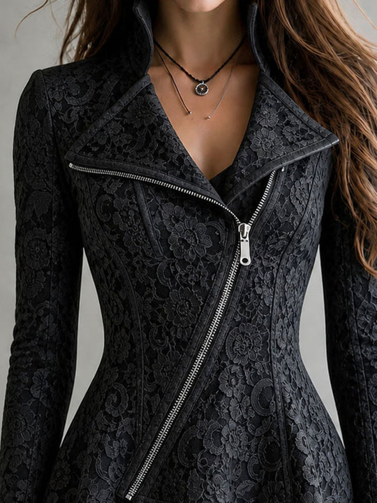 Retro Elegant Diagonal Zipper Lace Biker Jacket