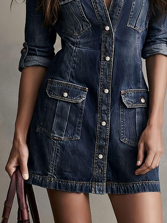 Boho Western Cowgirl Full Snap Denim Mini Dress With Pocket