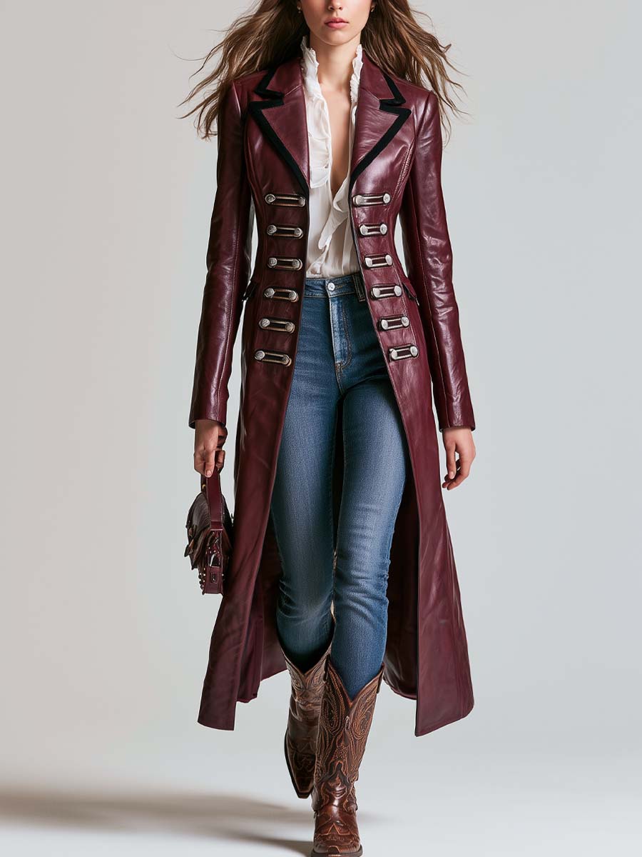 Retro Military-style Contrasting Faux Leather Trim Coat
