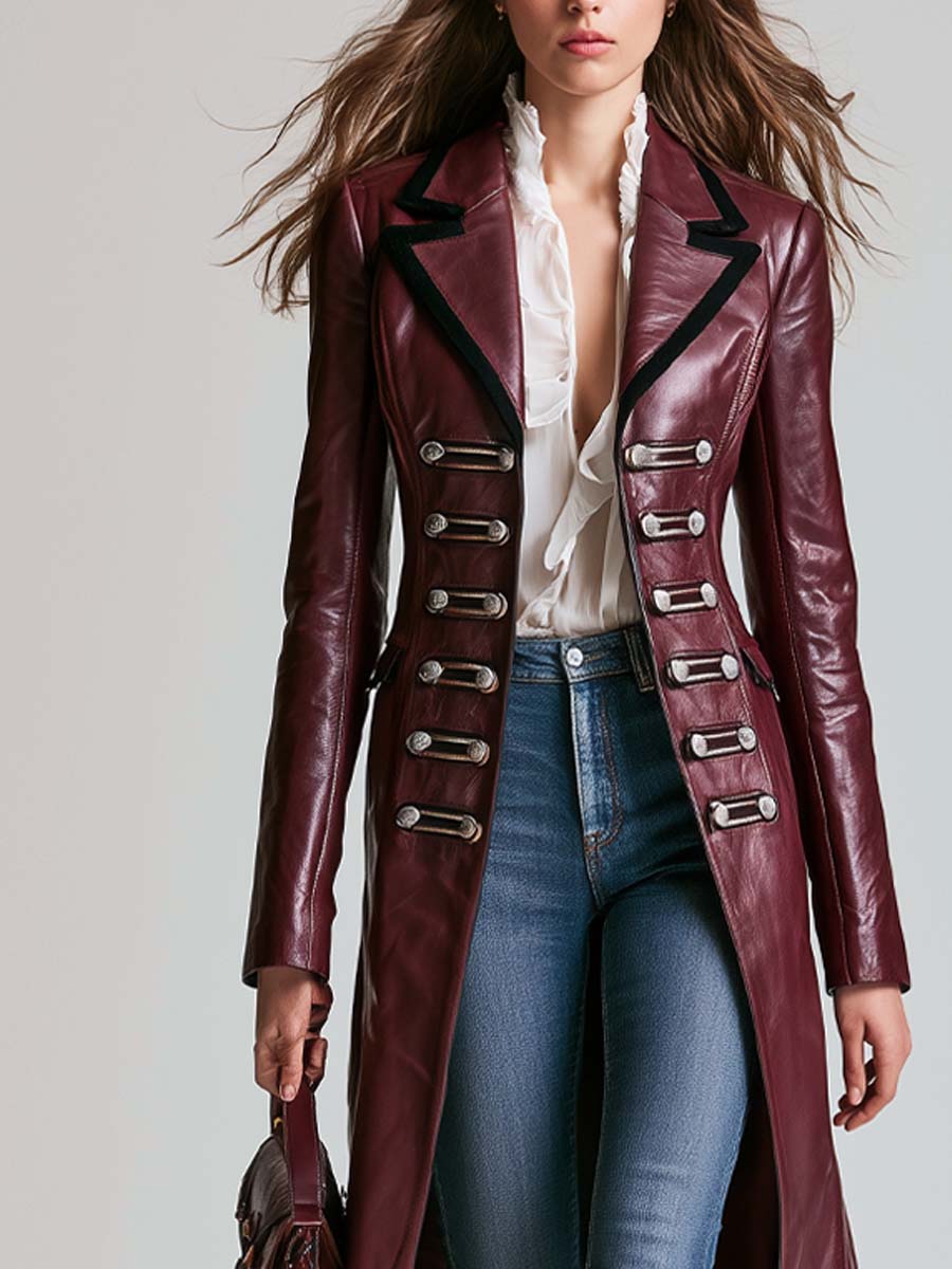 Retro Military-style Contrasting Faux Leather Trim Coat