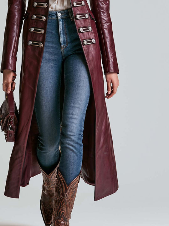 Retro Military-style Contrasting Faux Leather Trim Coat