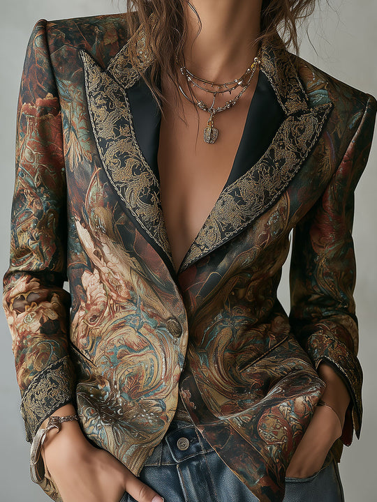 Bohemian Luxe Baroque Satin Printed Gold-Trim Tailored Blazer