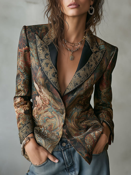 Bohemian Luxe Baroque Satin Printed Gold-Trim Tailored Blazer