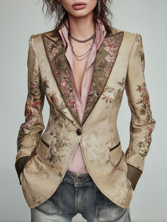 Vintage Lapels Floral Print Single-button Slim-fit Blazer