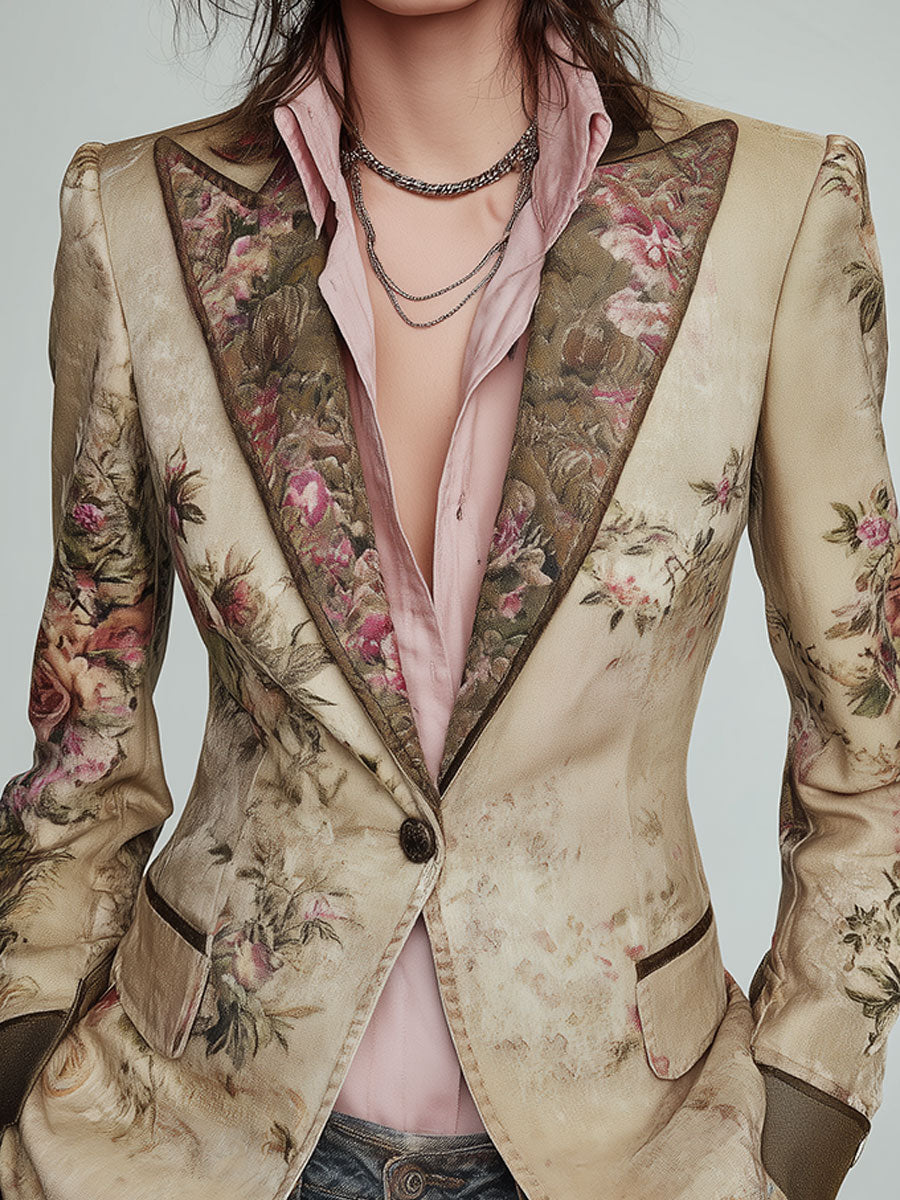 Vintage Lapels Floral Print Single-button Slim-fit Blazer