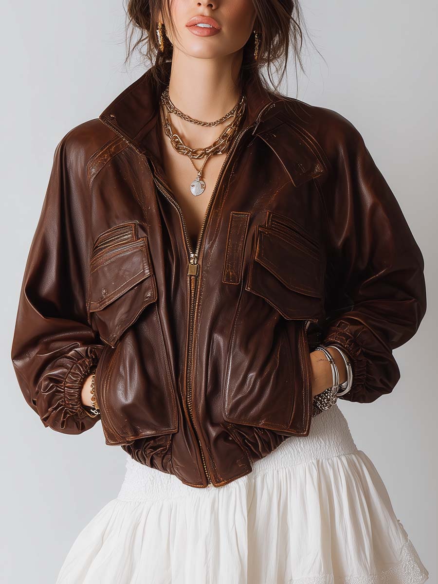 Boho Vintage Distressed Leather Cargo Jacket