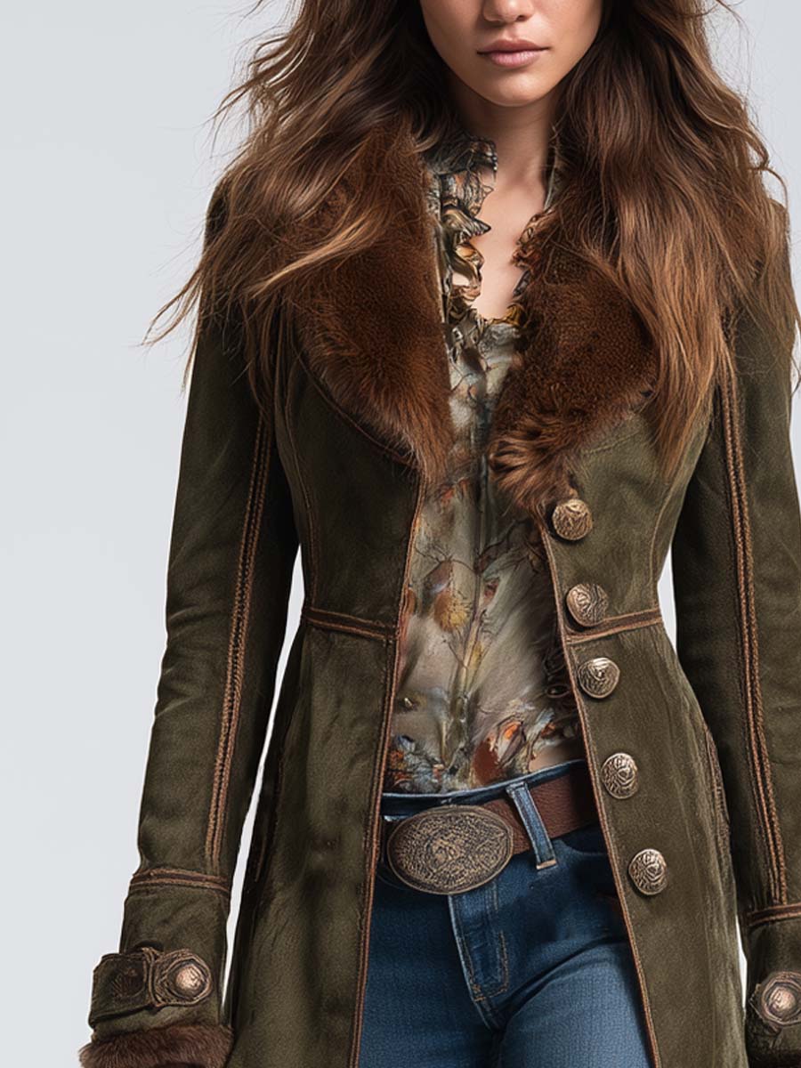 Vintage Faux Fur-collar Polyester Suede Coat