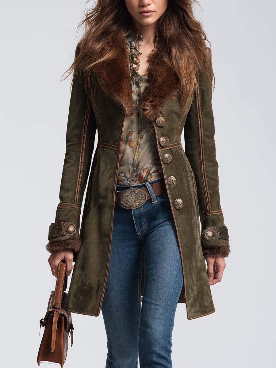 Vintage Faux Fur-collar Polyester Suede Coat