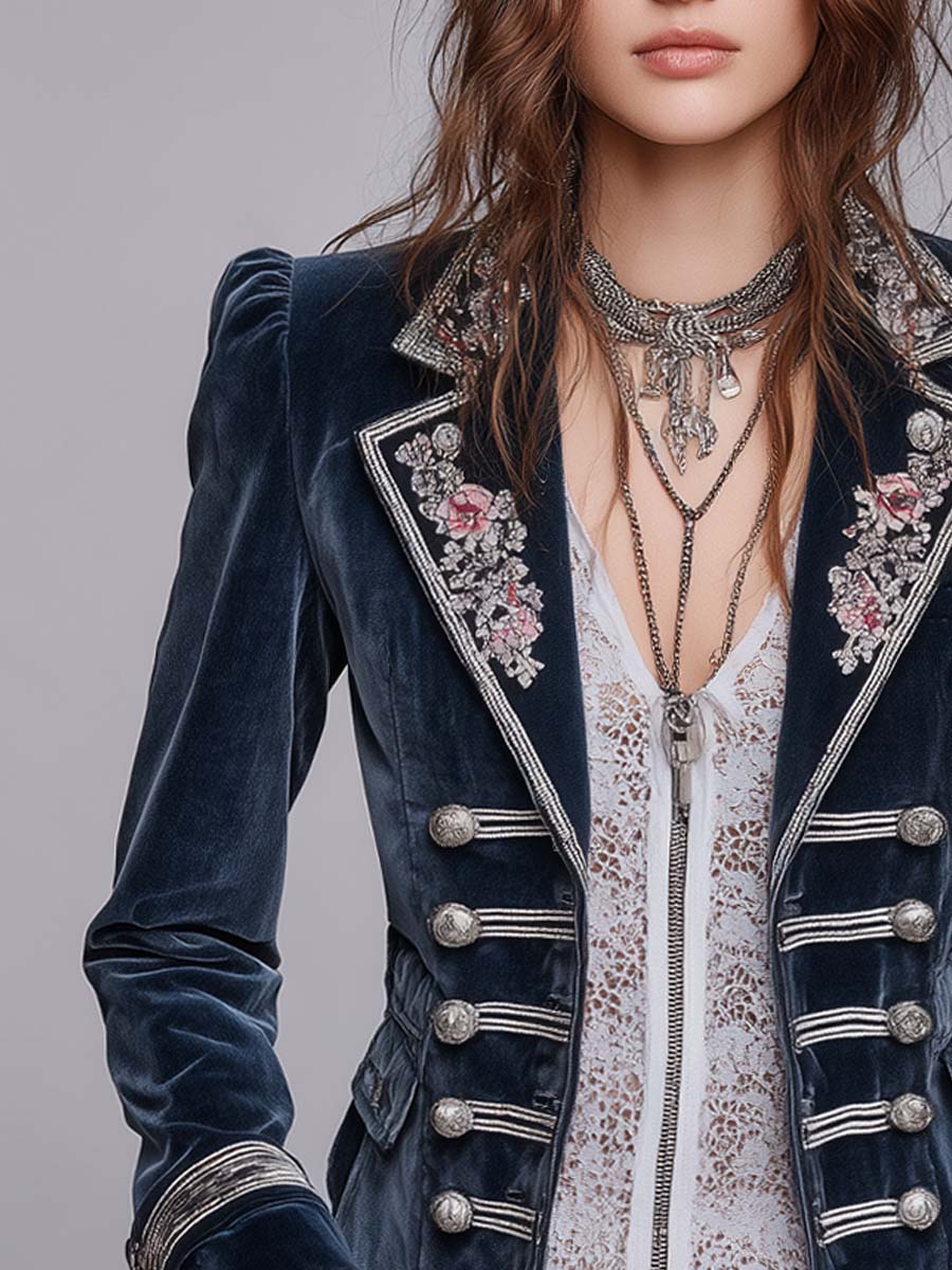 Vintage Military-style Floral Embroidered Polyester Velvet Blazer