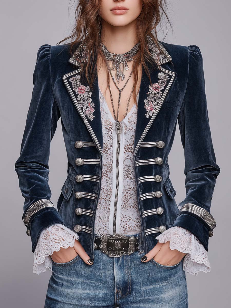Vintage Military-style Floral Embroidered Polyester Velvet Blazer