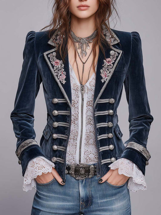 Vintage Military-style Floral Embroidered Polyester Velvet Blazer