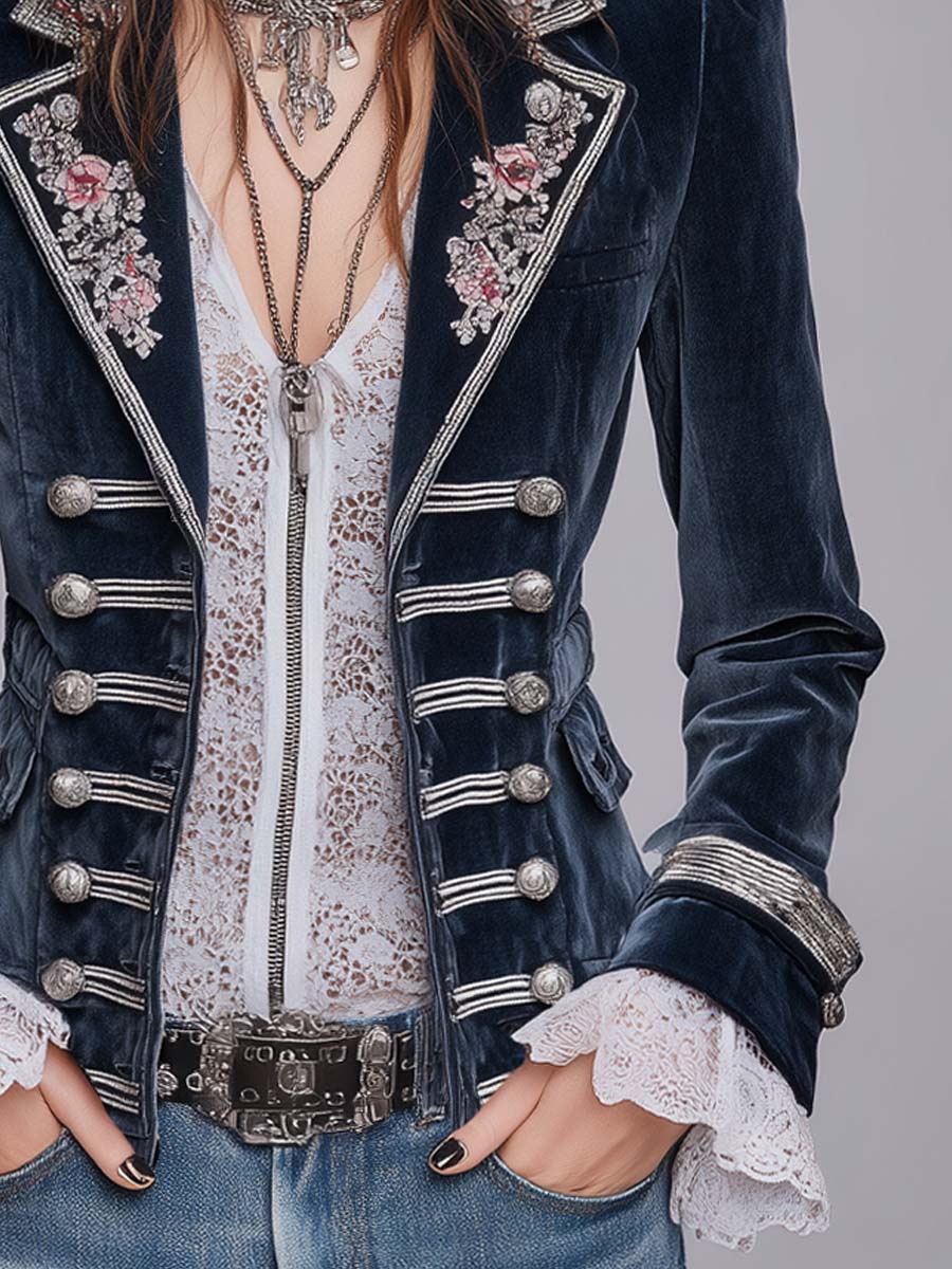 Vintage Military-style Floral Embroidered Polyester Velvet Blazer
